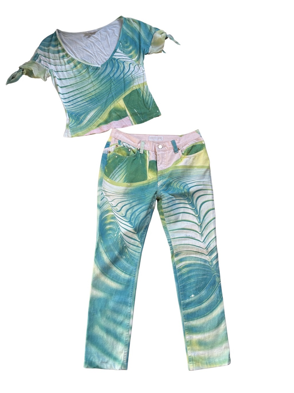 Roberto Cavalli SS2001 Printed Top + Jeans Set